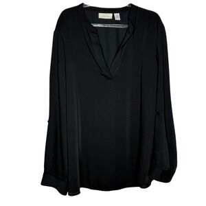Chicos Womens 3 XL Black V-Neck Roll Tab Blouse Long Sleeve Minimalist Capsule